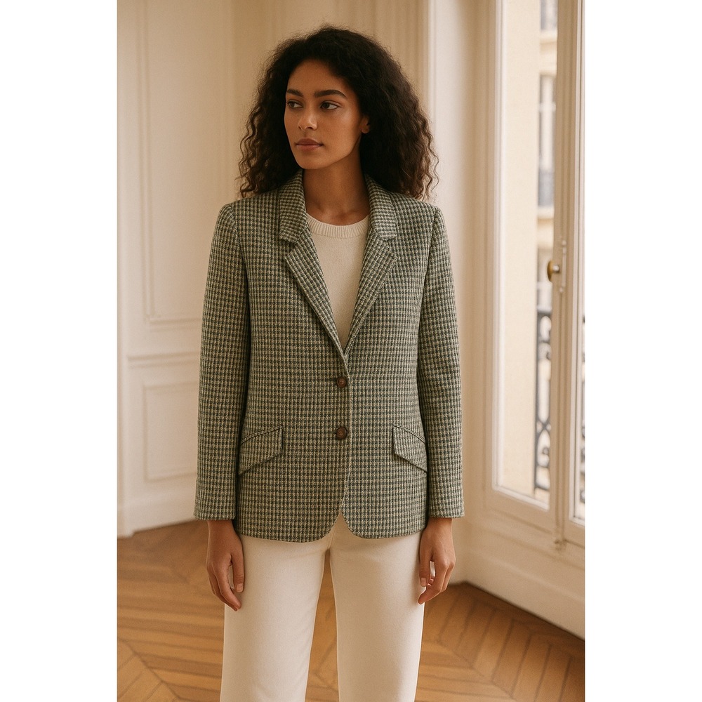 Vintage 90s Lizsport 4 Petite Houndstooth Wool Blazer Jacket Button Front Green